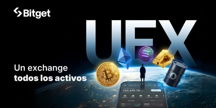 Banner de Bitget, exchabge universal. A la derecha el planeta tierra, detrás UEX (Universal Exchange) delante la silueta de un hombre contemplando el mundo, parado sobre un celular gigante del que salen activos, tanto cripto como tradicionales