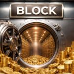 Bóveda abierta con el nombre “BLOCK” llena de monedas físicas de bitcoin apiladas.
