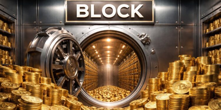 Bóveda abierta con el nombre “BLOCK” llena de monedas físicas de bitcoin apiladas.
