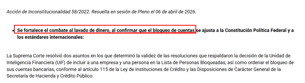 Fragmento del comunicado de la Suprema Corte de México en el que se ratifica el bloqueo de cuentas bancarias sin la intervención de un juez.