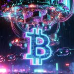 Una B de Bitcoin junto a una computadora cuántica.