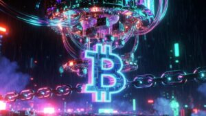 Una B de Bitcoin junto a una computadora cuรกntica.