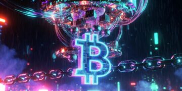 Una B de Bitcoin junto a una computadora cuántica.