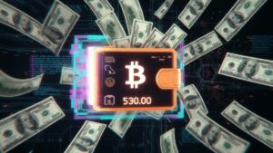 Una wallet de Bitcoin con billetes de USD.