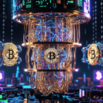 Una computadora cuรกntica rodeada de monedas de bitcoin.