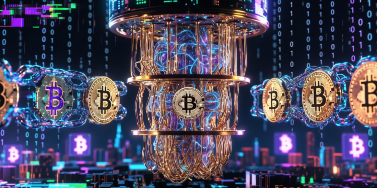 Una computadora cuántica rodeada de monedas de bitcoin.