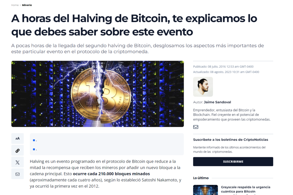 Captura de pantalla de un titular de CriptoNoticias que dice: A horas del Halving de Bitcoin, te explicamos lo que debes saber sobre este evento