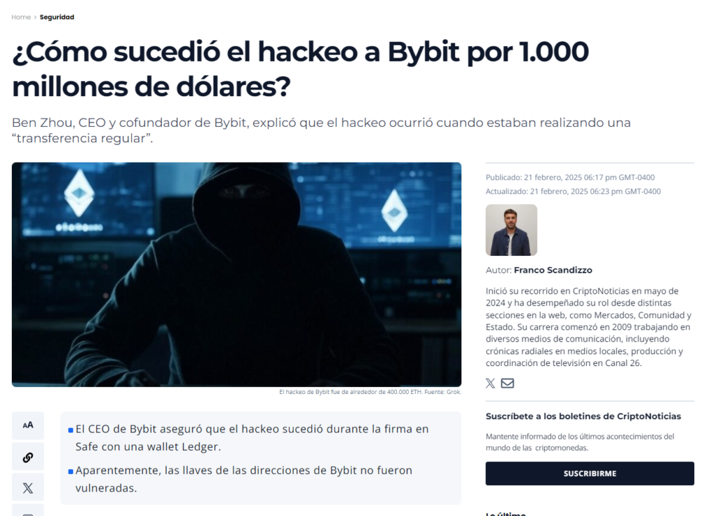 Captura de pantalla de página de hackeo de Bybit de CriptoNoticias.