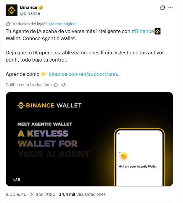 Captura pantalla tuit de la cuenta de X de Binance
