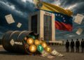 Un edificio con las siglas PDVSA en la parte superior, detrás de este hay una gran bandera de Venezuela ondeando y al frente hay un barril de petróleo tumbado del que salen monedas de bitcoin y USDT.