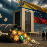 Un edificio con las siglas PDVSA en la parte superior, detrás de este hay una gran bandera de Venezuela ondeando y al frente hay un barril de petróleo tumbado del que salen monedas de bitcoin y USDT.