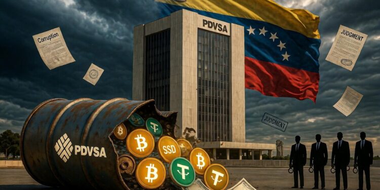 Un edificio con las siglas PDVSA en la parte superior, detrás de este hay una gran bandera de Venezuela ondeando y al frente hay un barril de petróleo tumbado del que salen monedas de bitcoin y USDT.