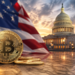 Bandera de Estados Unidos, junto a unos BTC y el edificio del congreso.