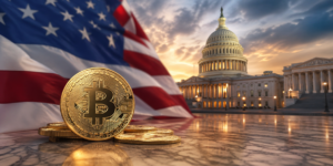 Bandera de Estados Unidos, junto a unos BTC y el edificio del congreso.