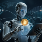 Inteligencia artificial representada con un robot, haciendo pagos con bitcoin.