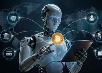 Inteligencia artificial representada con un robot, haciendo pagos con bitcoin.