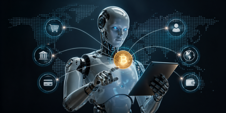 Inteligencia artificial representada con un robot, haciendo pagos con bitcoin.