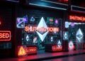 Un local con el logo de Ethereum y carteles de cierre.