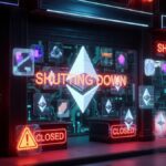 Un local con el logo de Ethereum y carteles de cierre.
