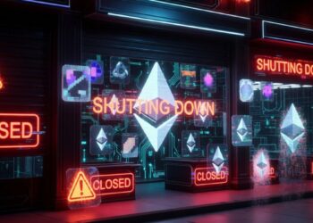 Un local con el logo de Ethereum y carteles de cierre.