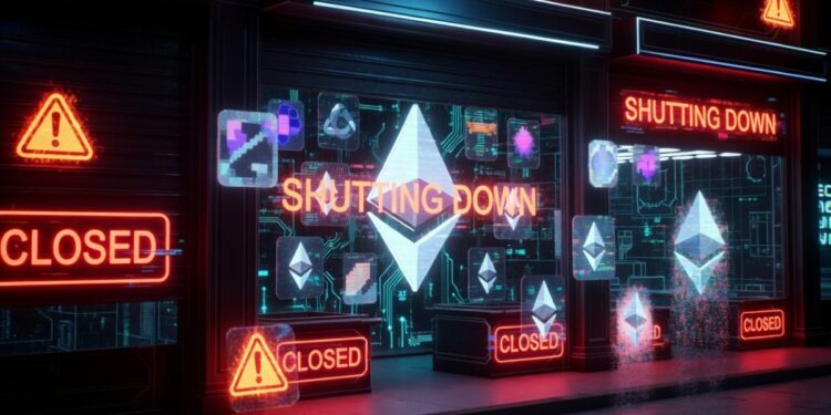 Un local con el logo de Ethereum y carteles de cierre.