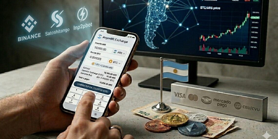 La mano izquierda de un hombre sostiene un telefono celular y toca la pantalla en una operacion de compra de criptomonedas. Las manos descansan sobre un escritorio con monedas cripto, una pequena bandera de Argentina y un monitor muestra su mapa.