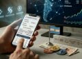 La mano izquierda de un hombre sostiene un telefono celular y toca la pantalla en una operacion de compra de criptomonedas. Las manos descansan sobre un escritorio con monedas cripto, una pequena bandera de Argentina y un monitor muestra su mapa.