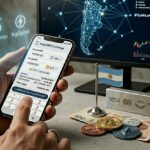 La mano izquierda de un hombre sostiene un telefono celular y toca la pantalla en una operacion de compra de criptomonedas. Las manos descansan sobre un escritorio con monedas cripto, una pequena bandera de Argentina y un monitor muestra su mapa.