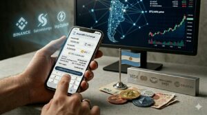La mano izquierda de un hombre sostiene un telefono celular y toca la pantalla en una operacion de compra de criptomonedas. Las manos descansan sobre un escritorio con monedas cripto, una pequena bandera de Argentina y un monitor muestra su mapa.