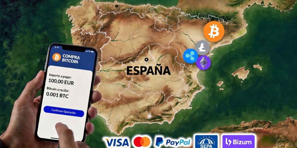 Teléfono celular y criptomonedas sobre el mapa de España al fondo.