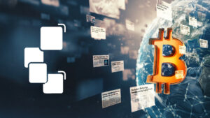 Símbolo de CriptoNoticias grande en blanco, en el espacio, a su derecha un mundo de Bitcoin, con su logo en la superficie, y muchas noticias emergiendo de él en direccion al símbolo de CriptoNoticias