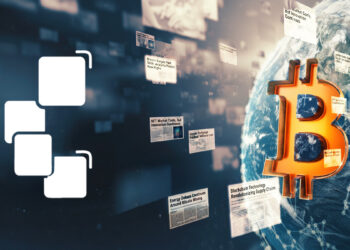 Símbolo de CriptoNoticias grande en blanco, en el espacio, a su derecha un mundo de Bitcoin, con su logo en la superficie, y muchas noticias emergiendo de él en direccion al símbolo de CriptoNoticias