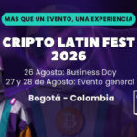 Astronauta femenina con medalla de Bitcoin, en fondo morado con elementos cómo moléculas y el logo de Cripto Latin Fest.