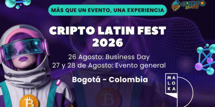 Astronauta femenina con medalla de Bitcoin, en fondo morado con elementos cómo moléculas y el logo de Cripto Latin Fest.