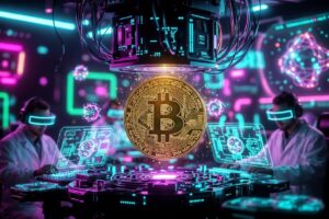 Una moneda de BTC en un laboratorio.