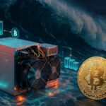 Un ASIC junto a una moneda de Bitcoin en un mar con olas.