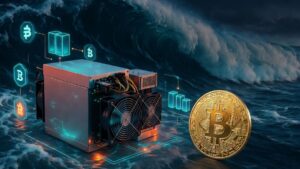 Un ASIC junto a una moneda de Bitcoin en un mar con olas.