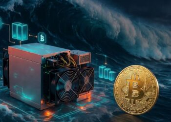 Un ASIC junto a una moneda de Bitcoin en un mar con olas.
