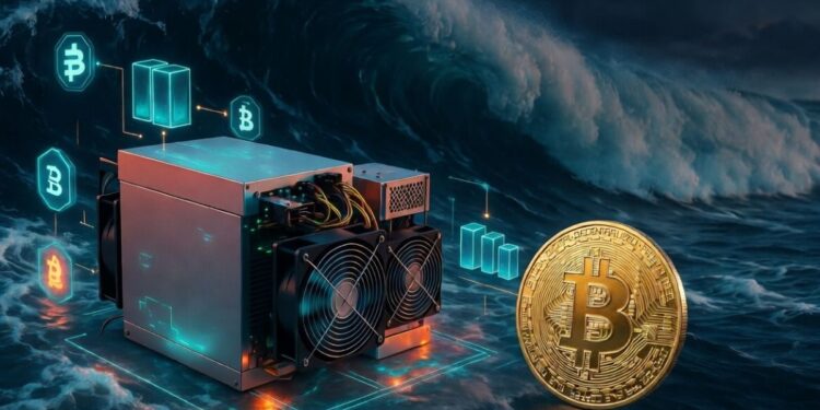 Un ASIC junto a una moneda de Bitcoin en un mar con olas.