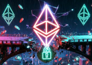 Un token de Ethereum en un puente roto con un candado roto.