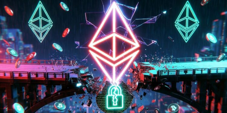 Un token de Ethereum en un puente roto con un candado roto.