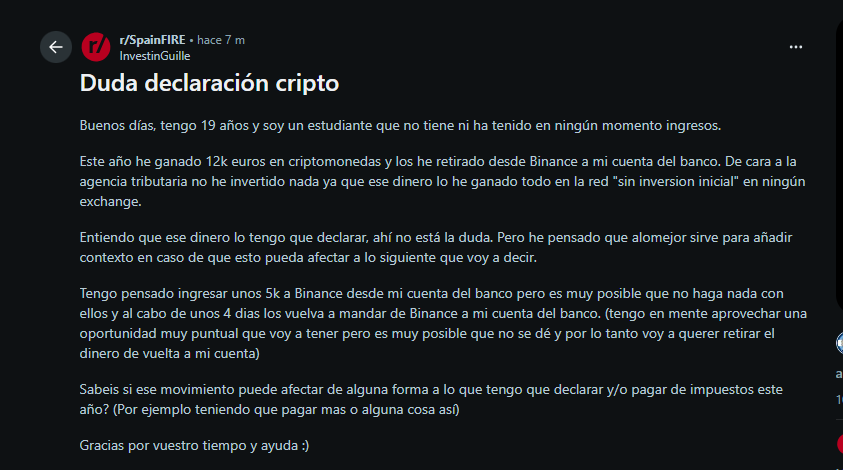 Comentario de un usuario en Reddit tratando de despejar dudas sobre cómo declarar movimientos con bitcoin y criptomonedas en España.