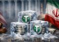 Monedas de USDT congeladas en bloques de hielo, con banderas de Estados Unidos e Irán al fondo.