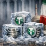 Monedas de USDT congeladas en bloques de hielo, con banderas de Estados Unidos e Irán al fondo.