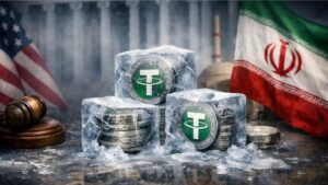 Monedas de USDT congeladas en bloques de hielo, con banderas de Estados Unidos e Irรกn al fondo.