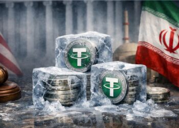 Monedas de USDT congeladas en bloques de hielo, con banderas de Estados Unidos e Irán al fondo.