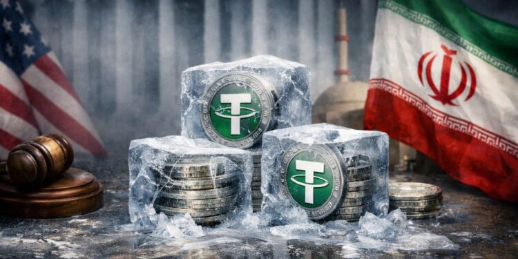 Monedas de USDT congeladas en bloques de hielo, con banderas de Estados Unidos e Irán al fondo.