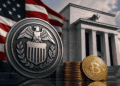 Bandera de Estados Unidos con el logo de la FED y una moneda de bitcoin.