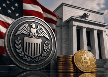 Bandera de Estados Unidos con el logo de la FED y una moneda de bitcoin.