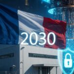 Un edificio con una bandera de Francia junto a una computadora cuántica.